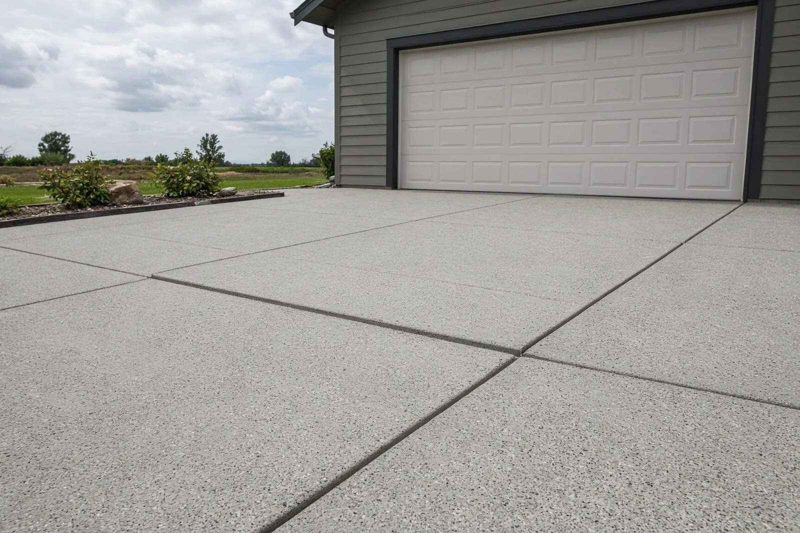 Residential concrete driveway and garage apron with visible slab joints