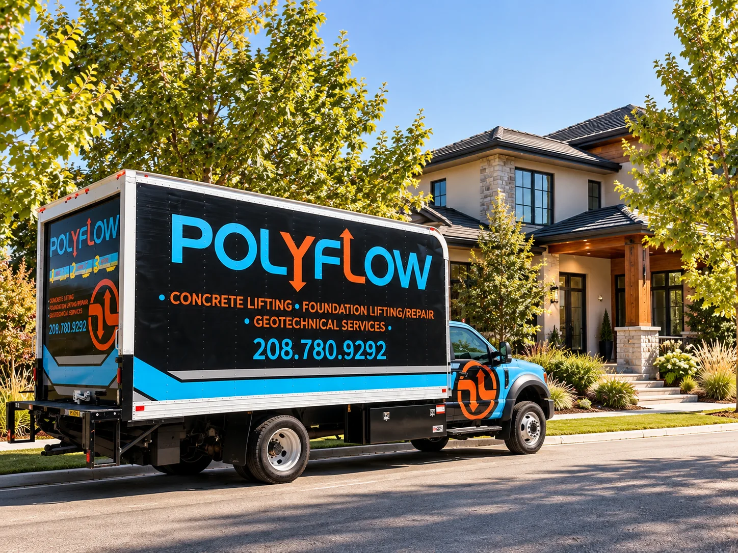 Polyflow branded truck parked outside a home