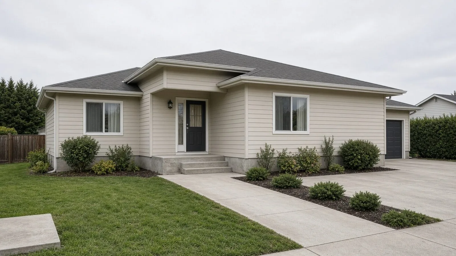 Concrete walkway, front steps, driveway, and visible foundation beside a home