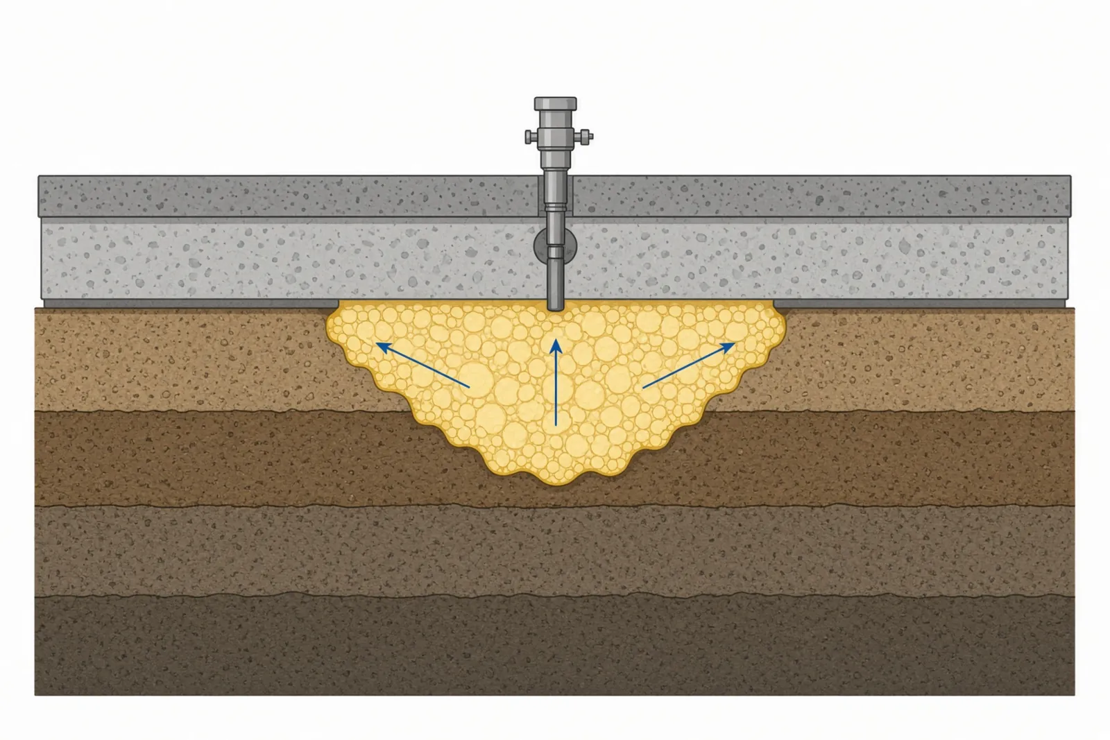 Illustration of material injected through a small port to fill a void beneath a concrete slab