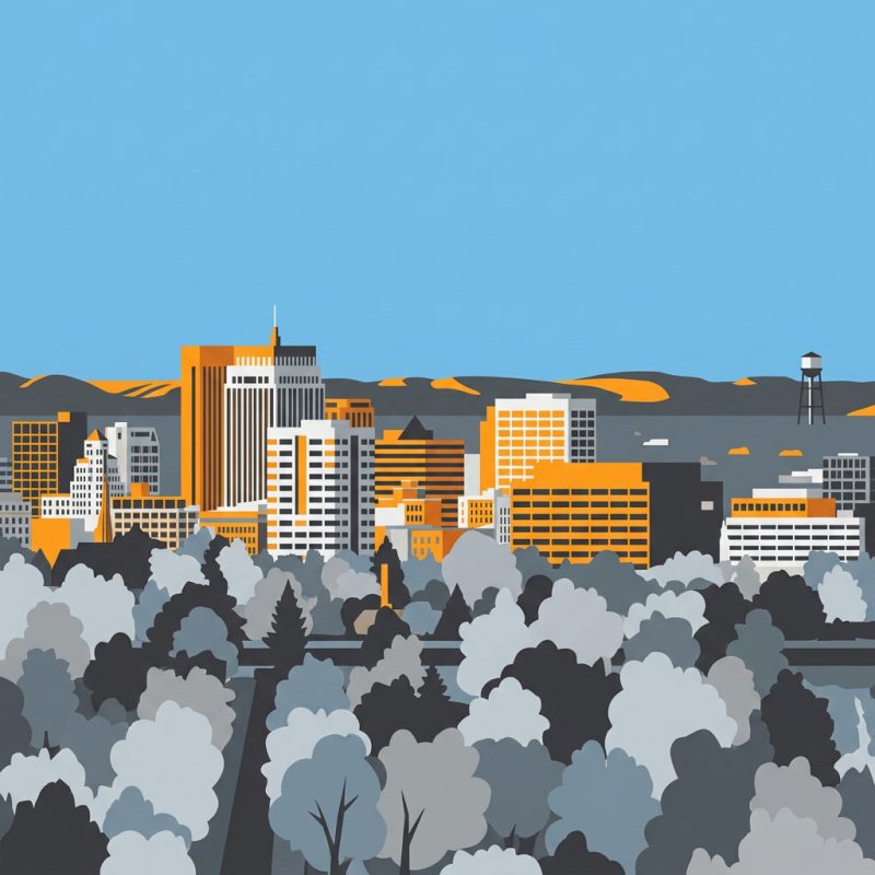 Stylized illustration of the Boise, Idaho skyline with the state capitol and foothills